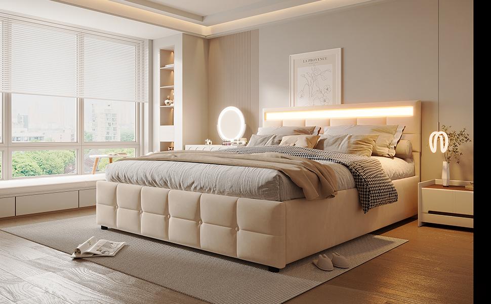 Upholstered Bed 180*200cm, LED Lights, Slatted Frame, Hydraulic Single Bed, Dutch Velvet Fabric, Beige