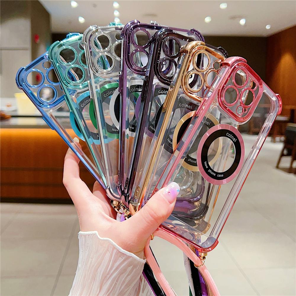 Роскошное покрытие, прозрачное ожерелье через плечо, магнитный ремешок для чехла Magsafe для iPhone 14 Pro Max 13 12 11 Plus, защитный чехол для подушки безопасности