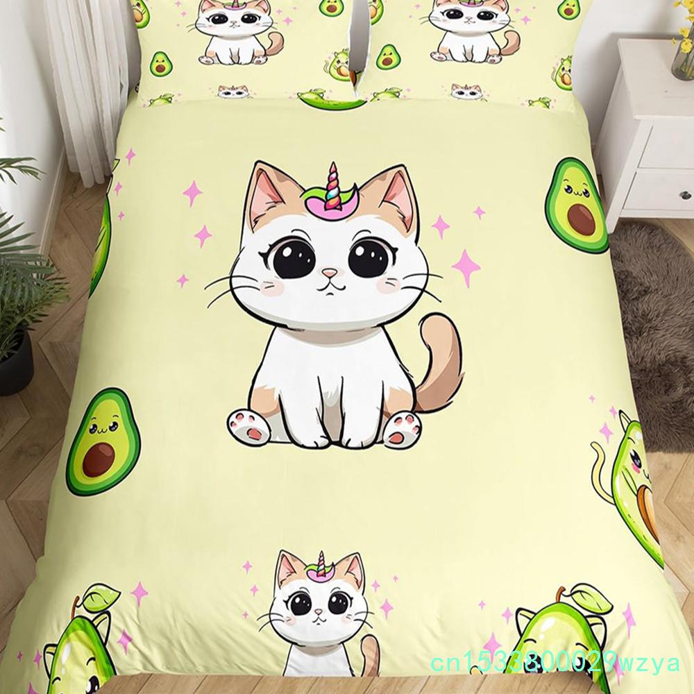 Кавайный кошачий пододеяльник Розовый бантик Котенок Постельный набор Сладкий домашний питомец Животное Покрывало Принцесса Бант Девичий Полиэстер Покрывало