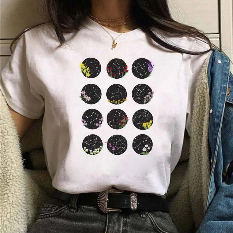 Casual Women's Round Neck T-shirt Lunar Eclipse Printed Women's T-shirt New Eclipse of the Moon Moon Style Women's White T-shirt