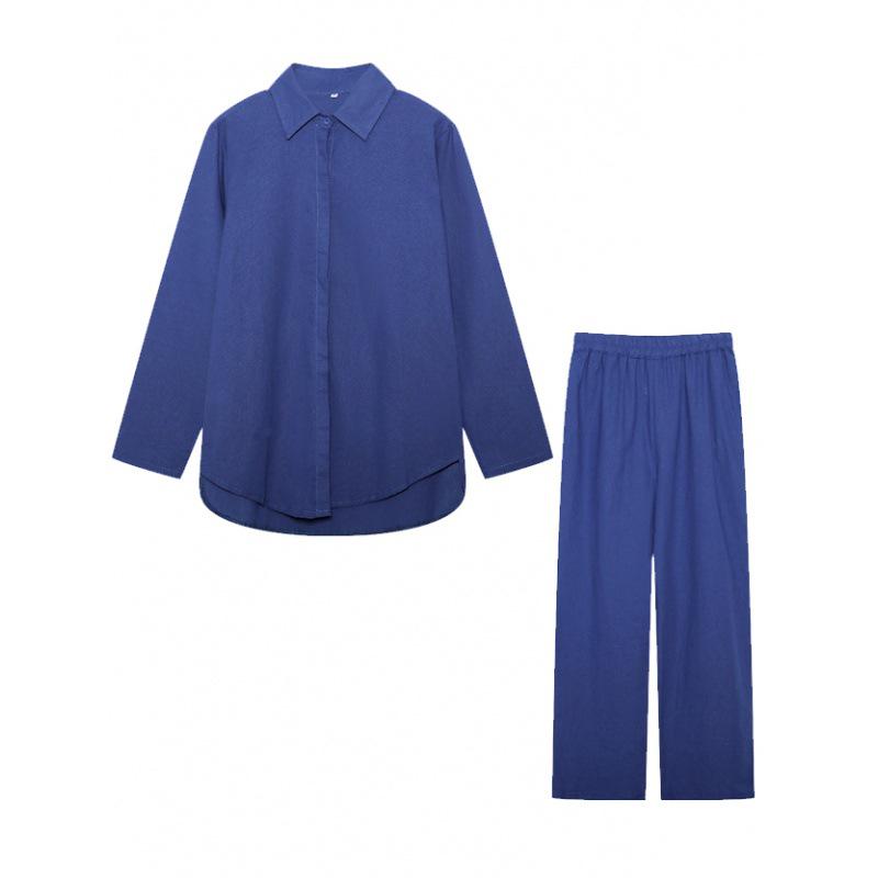2023 Women's Casual Two-Piece Suit: Lapel Long-Sleeve Shirt & Wide-Leg Pants for Spring & Autumn