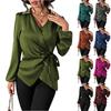 Женская модная однотонная рубашка с V-образным вырезом, длинными рукавами и завязками на талии, повседневный топ