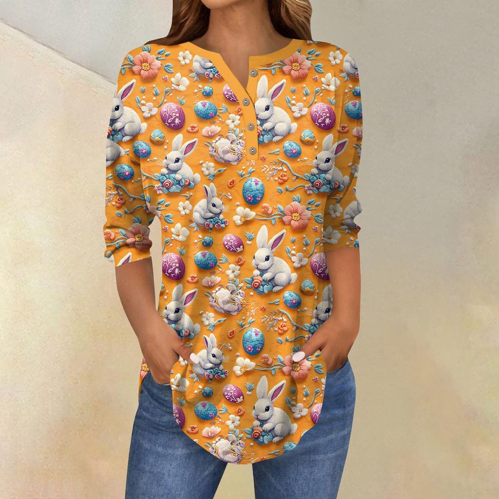 Women's 3/4 Sleeve Easter Egg Bunny Print Button Collar Fashion Casual Top