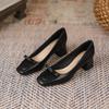 Fashion New Chunky Heel Shoes  New Square Head Pumps Female Low-Cut Bowknot Mid Heel Granny Shoes