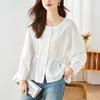Round Neck Embroidered White Shirt for Women Long Sleeves Spring New Style Design Niche Lace-up Top Pure Cotton Shirt
