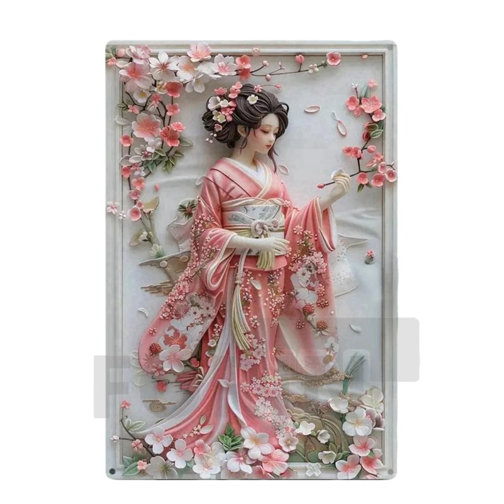 Японская гейша кимоно металлический знак, 2D элегантный японский постер с цветущей вишней, для дома, комнаты, офиса, идзакая, кафе, студии настенный декор
