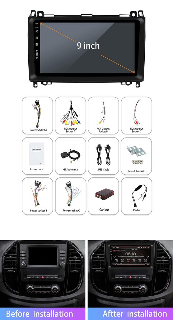 Автомагнитола Стерео Автомагнитола Android для Mercedes Benz Головное устройство Поддержка CarPlay Wi-Fi BT 12.0 W639/Vito/Viano/W906/Sprinter/W169/W245 2G+32G