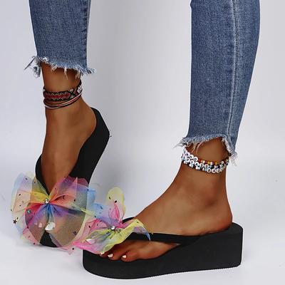 2025 Летние Красочные Сетчатые Шлепанцы с Бантом для Женщин, Звездные Пайетки, Клинья, Сандалии с Перемычкой для Пальца, Легкие Платформенные Пляжные Тапочки