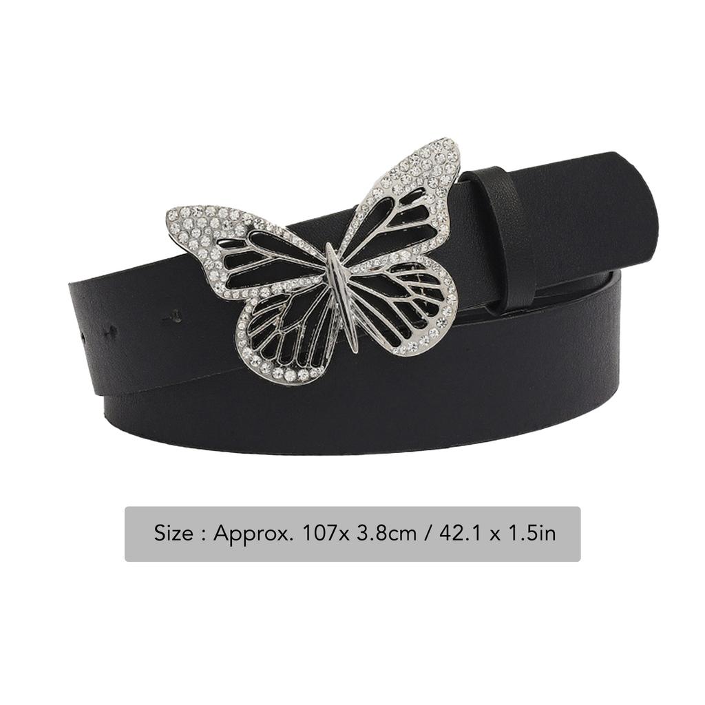Rhinestone Butterfly Buckle Belt Fashionable Pu Leather Women Wide Belt for Dress Shirt Decoration Black Free Size