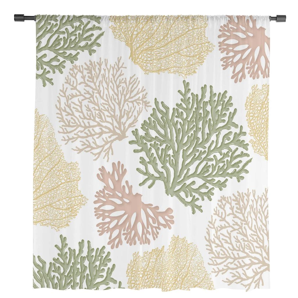 Желто-зеленые морские коралловые оконные тюлевые шторы для гостиной, кухни, современные оконные шторы из вуали