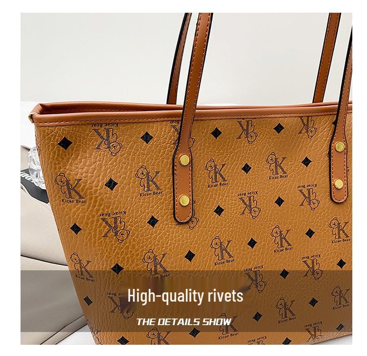 Women's High-Capacity Bear Print Tote Bag - Stylish Shoulder Handbag for Outings & Class