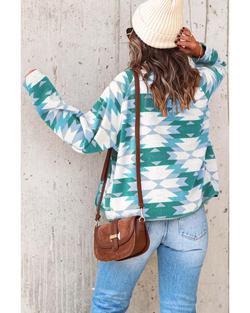 Azura Exchange Green Geometric Aztec Pattern Plus Size Fleece Jacket
