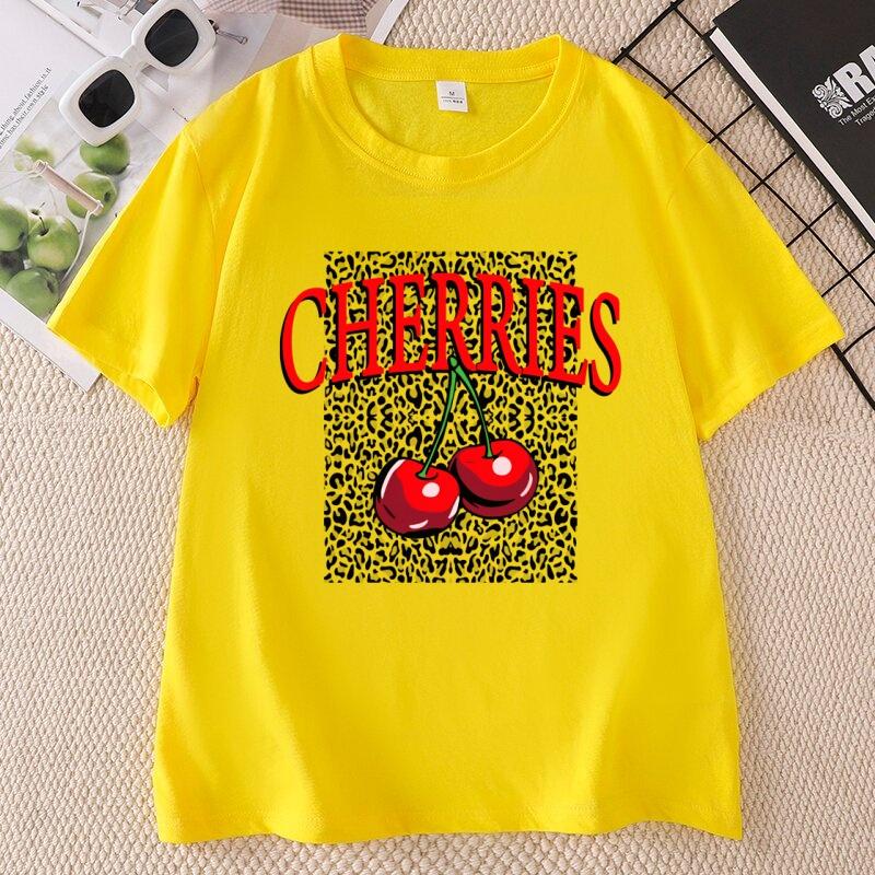 Unisexs Cherries Print Short Sleeve Tshirt Leopard Printing Tshirt Casual Round Neck Tees Ladies Clothes for Daily Wear