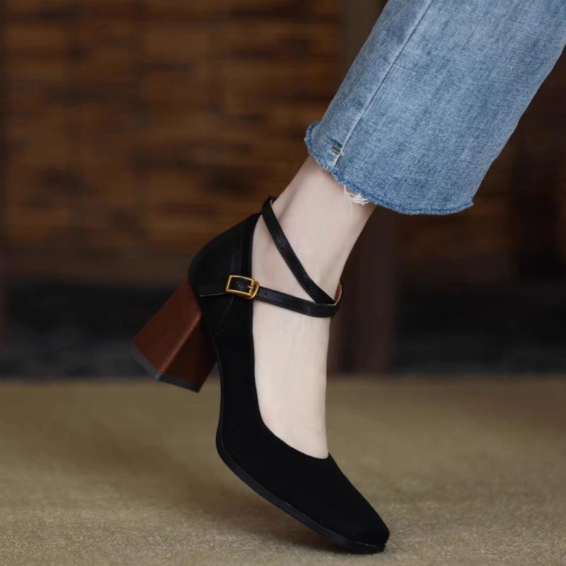 Thick heel high heels autumn 2024 new matte leather splicing retro square head cross buckle Mary Jane shoes women