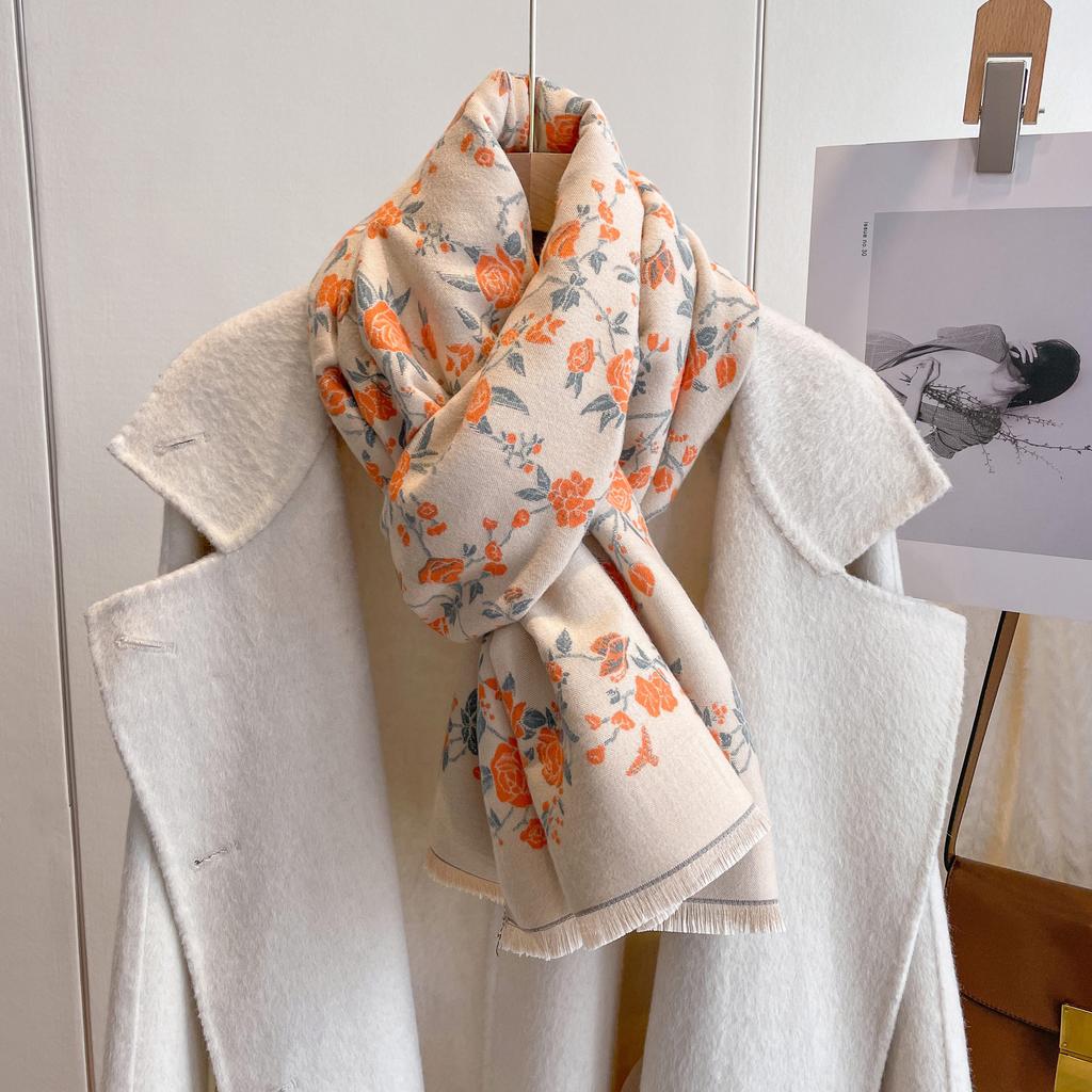 Autumn And Winter Small Floral Scarf Elegant Celebrity Style Printing Imitation Cashmere Scarf Women'S Warm And Cold Scarf
