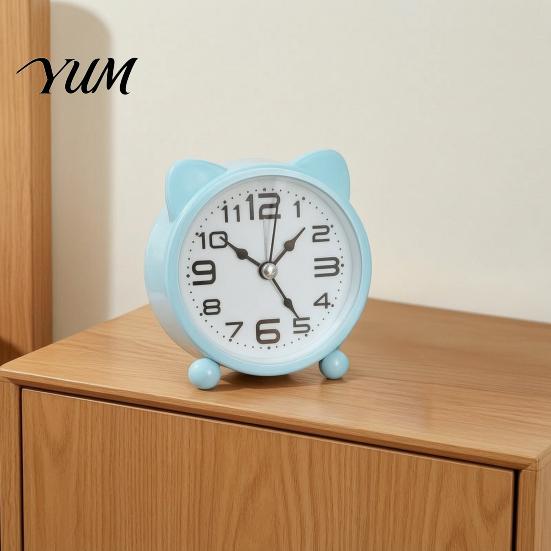 Bedside Alarm Clock Cat Ear for Kids, Silent Non-Ticking Metal Analog Desk Clock, Battery Powered Home Office Decor Non Ticking