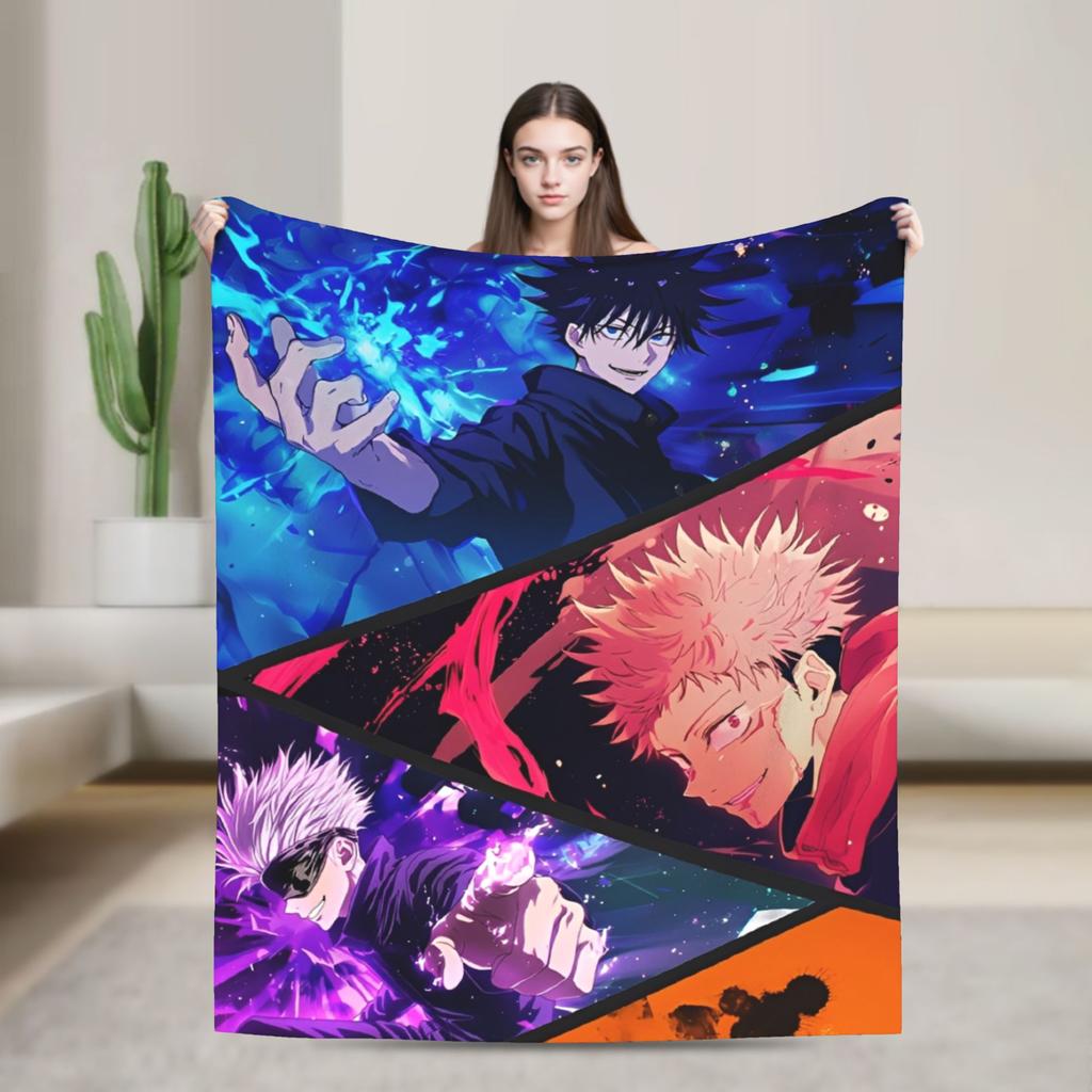 Jujutsu Kaisen Годжо Сатору Фланелевые Пледы Аниме Крутые для Покрывал Вязаный Плед Путешествия Легкий Многофункциональный
