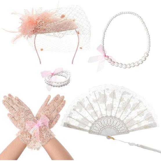Fumwase 5Pcs Tea Party Accessories Set for Women Afternoon Tea Accessories Kit Gloves Hats Necklace Fan Bracelet