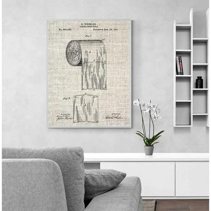 Toilet Paper Patent Vintage Poster, Bathroom Wall Art Prints, Toilet Paper Roll, Canvas Painting Blueprint, Toilet Sign