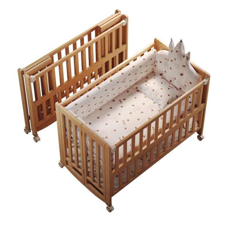 Movable Solid Wood Foldable Baby Crib, Unpainted, Multifunctional Newborn Bed