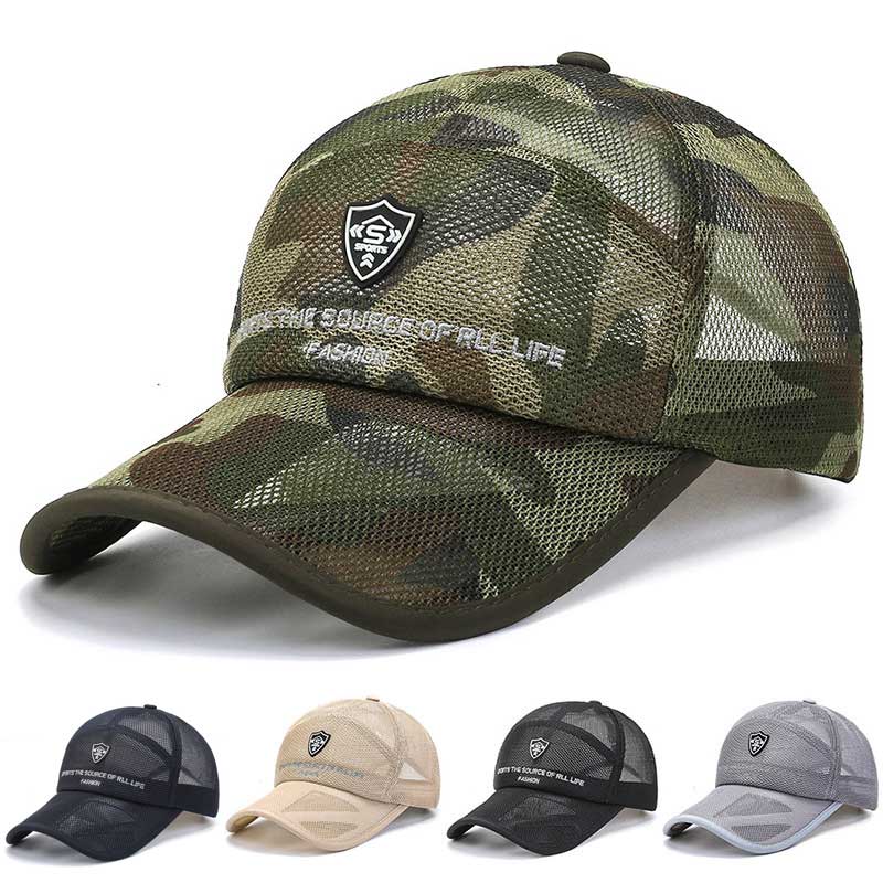 Camouflage Summer Baseball Hat for Men Breathable Mesh Big Brim Women Beach Sun Hat Lettter Embroidery Outdoor Use Sport Fishing Cap