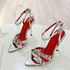 Summer Fashion Gem Rivet Narrow Band Women's Metal Thih High Heels Sandals Sexy Pointed Open Toe Party Dress Shoes Size 41