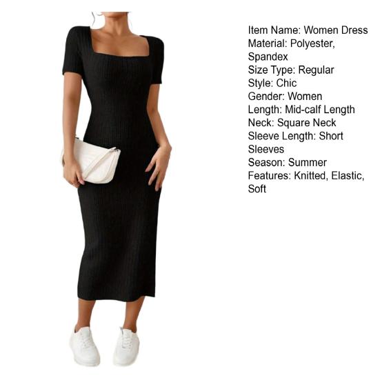 Women Summer Dress Square Neck Split Hem Knitted Elastic Skinny Solid Color Mid-calf Length Short Sleeves Lady Party Commute Midi Dress