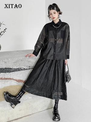 Полые комплекты, черные свободные модные топы с длинными рукавами, женские комплекты из двух предметов DMJ3941