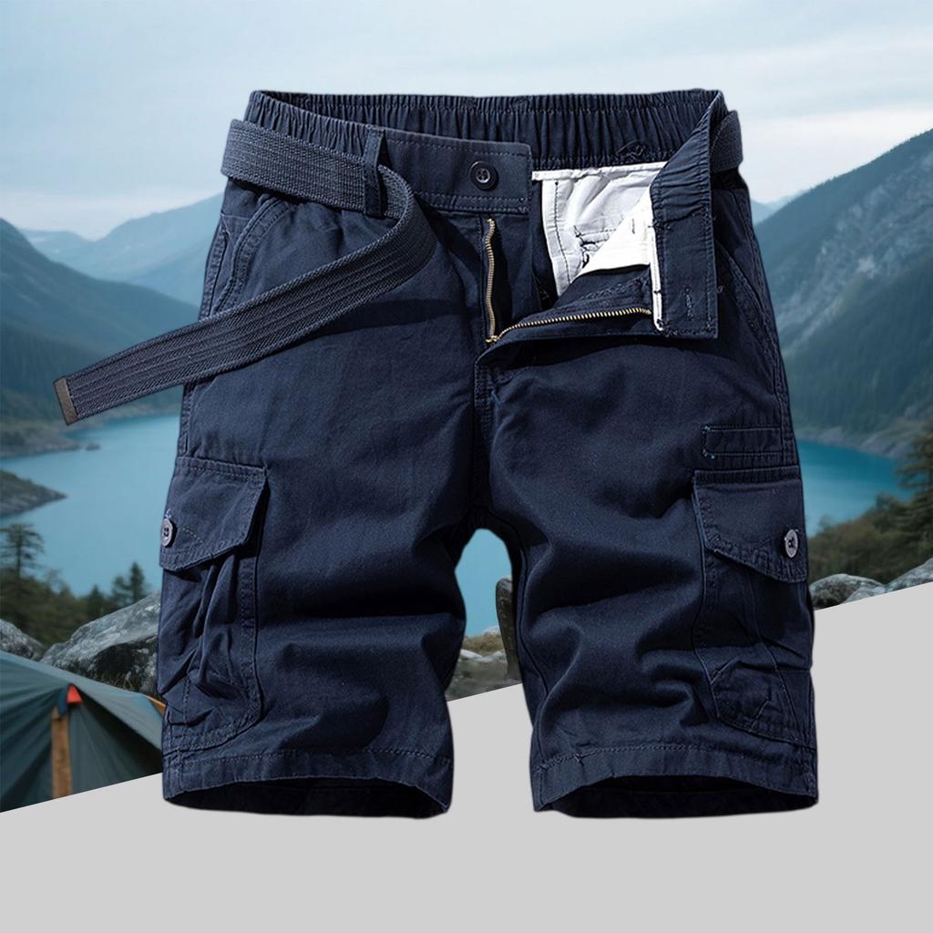 Men's Military Cargo Shorts - Multi-Pocket Zippered Elastic Waistband Drawstring Solid Color Outdoor Comfort Loose Fit