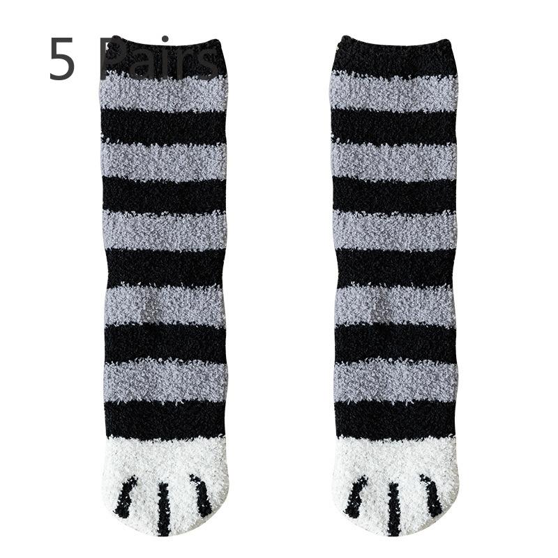 5 Pairs Socks Women Coral Velvet Mid-calf Socks Cat Claw Warm Wool Autumn and Winter Thickened and Padded Sleep Floor Socks Long Moon Socks