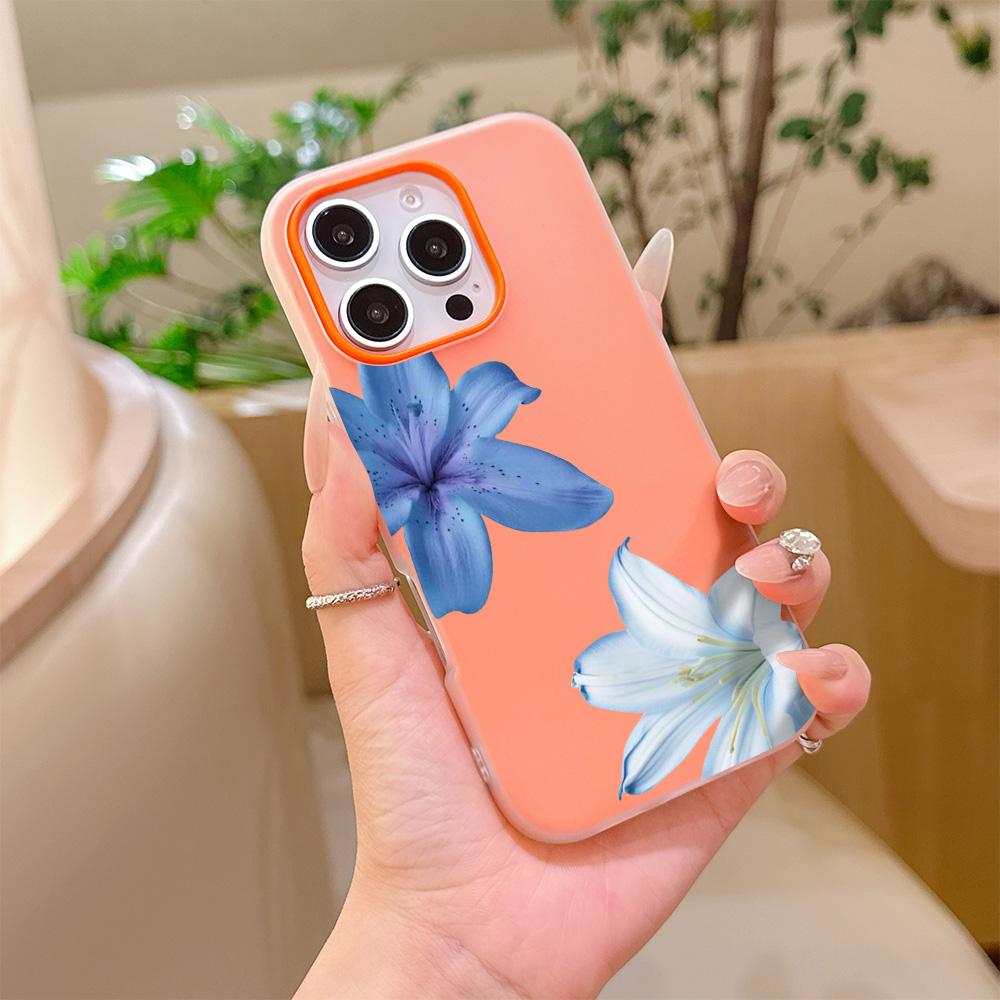 Силиконовый Матовый Чехол для Телефона 2 в 1 Конфетного Цвета для iPhone 17 Air 16e 16 15 14 13 Plus 12 11 Pro X XR Max Элегантный Синий Узор Лилии