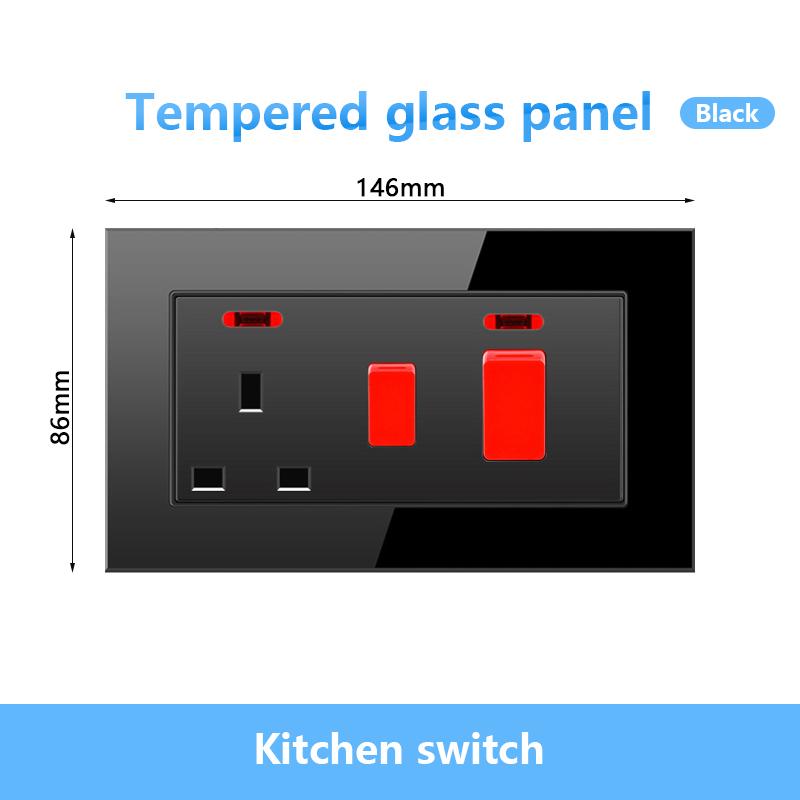 146 UK Standard 45A High Power Kitchen Electric Switch Socket 13A Wall Power Supply Cooker Glass Plastic Aluminum outlet Black