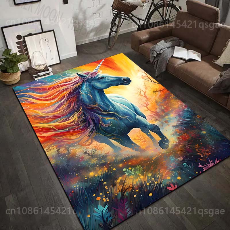 1PC Fantasy unicorn with rainbow Print Carpet Rug for Living Room Bedroom Sofa Doormat Home Decor Non-slip Floor Mat