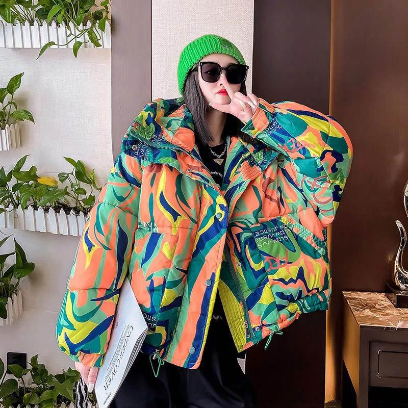 Winter Printed Cotton Jacket Women's Short Hooded Bread Jacket Thicken Fashionable All-match