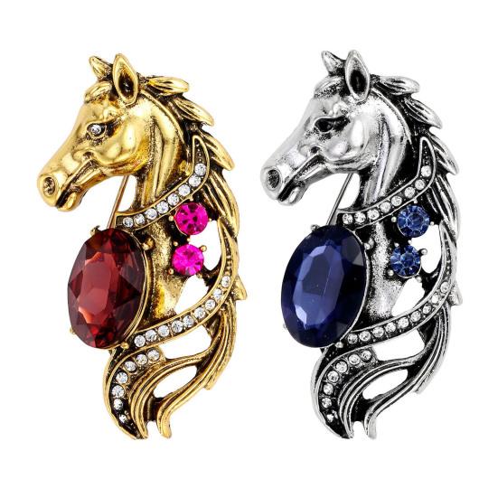 1/2 шт. Брошь Металлическая булавка с дизайном головы лошади с блестящими стразами, овальные цветные искусственные кристаллы, застежка-значок, для курток, шарфов, сумок, аксессуары