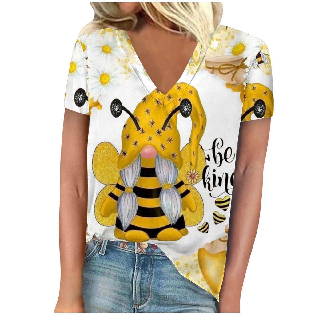 Винтажная женская футболка с принтом пчелы, с коротким рукавом, с V-образным вырезом, удобные футболки