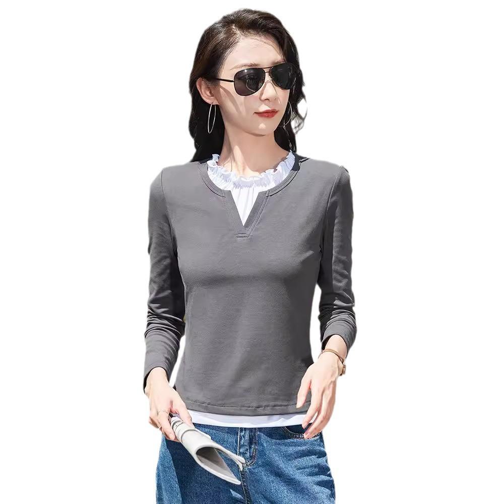 Женские топы на весну и лето, кружевной воротник, имитация двух частей, супер милая облегающая хлопковая футболка с высокой талией, имитация двух частей, длинный рукав