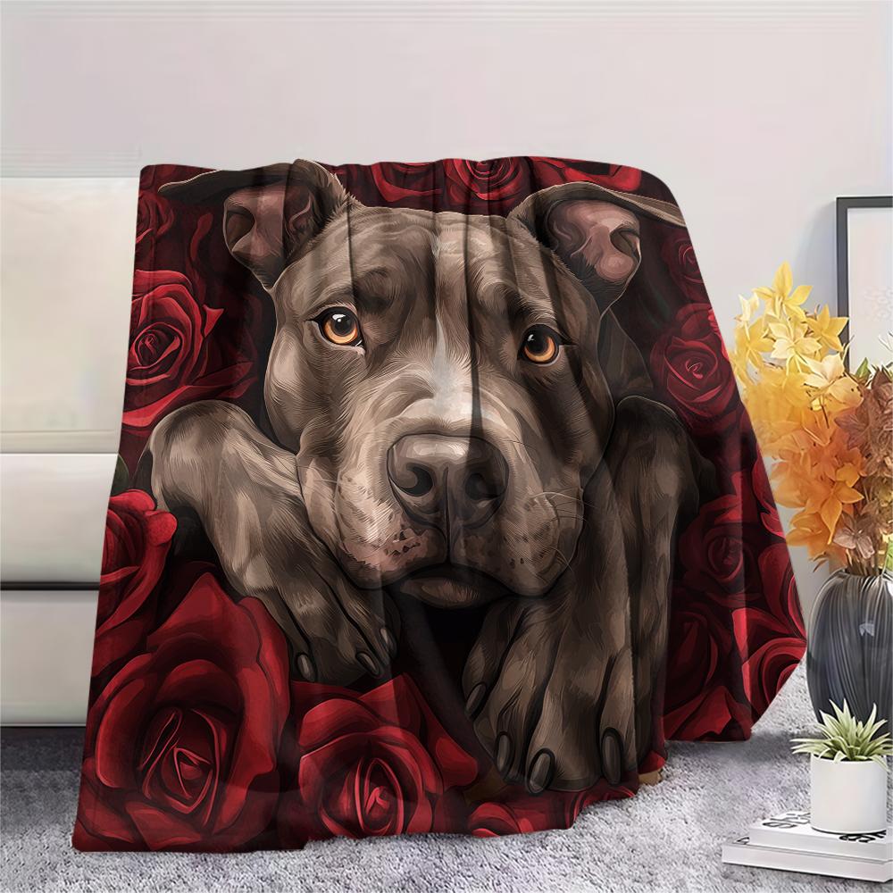 Pitbull and roses,pattern Flannel Blanket, High quality Comfortable for All Seasons, Home Decor, Warmth and Comfort, Perfect for Gifts.
