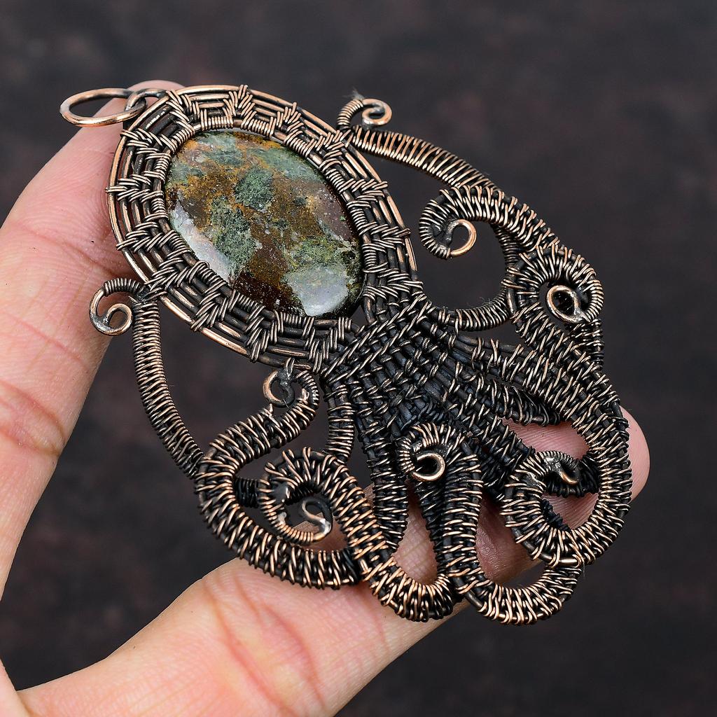 Подвеска со спессартиновым гранатом в известняке, медная проволока, кулон с драгоценным камнем, кулон в виде осьминога, подарок для женщин, медные украшения, кулон ручной работы