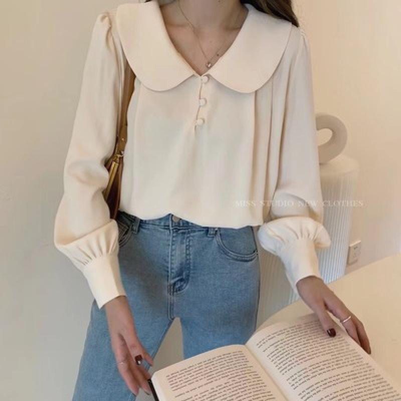 Y2K винтажная шифоновая рубашка для женщин, весна-лето, французская блузка с пышными рукавами, однотонный топ с кукольным воротником, модная женская одежда