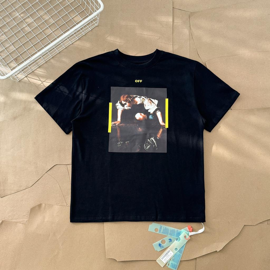 Off-White Летняя новинка 2025 года, картина маслом спереди, принт желтой стрелы сзади, футболка с короткими рукавами для мужчин и женщин, парная футболка