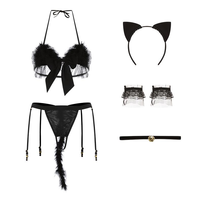 Women's Faux Fur Cat Girl Garter Costume Lingerie Set