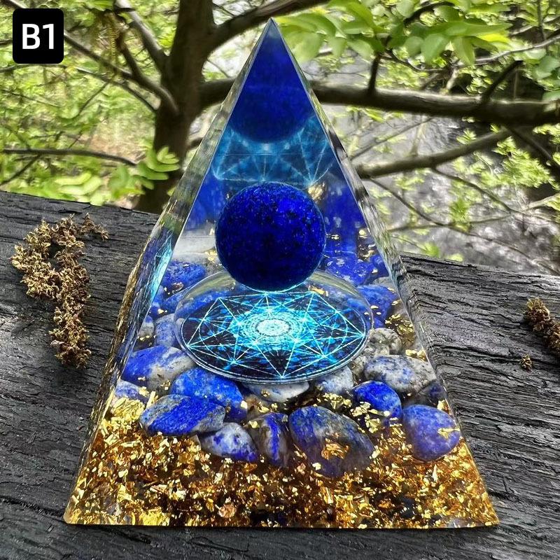 Волшебная пирамида из оргонита, 60 мм, хрустальная сфера из аметиста с синим кварцем, натуральный кристаллический камень, оргон, энергия исцеления, Рейки