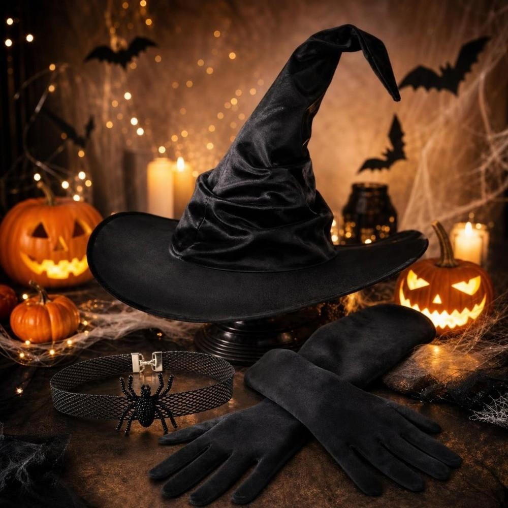3/4pcs Spider Witch Hat Gloves Curved Brim Halloween Cosplay Outfit Witch Costume Halloween