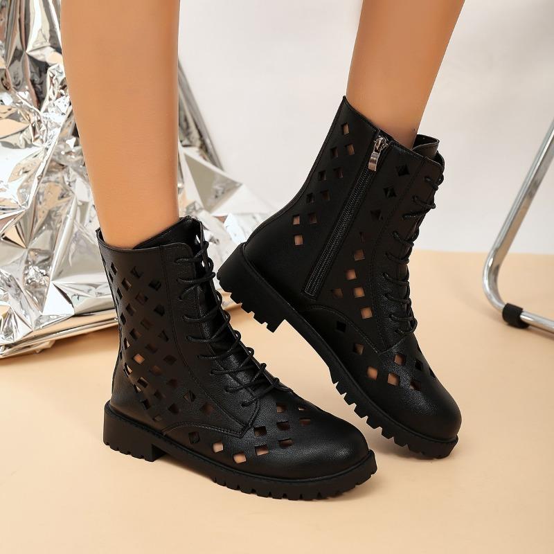 Summer  Female Shoes Thin Short Boots Locomotive Mesh Boots Hollowed Out Cowhide Leather Boots Female