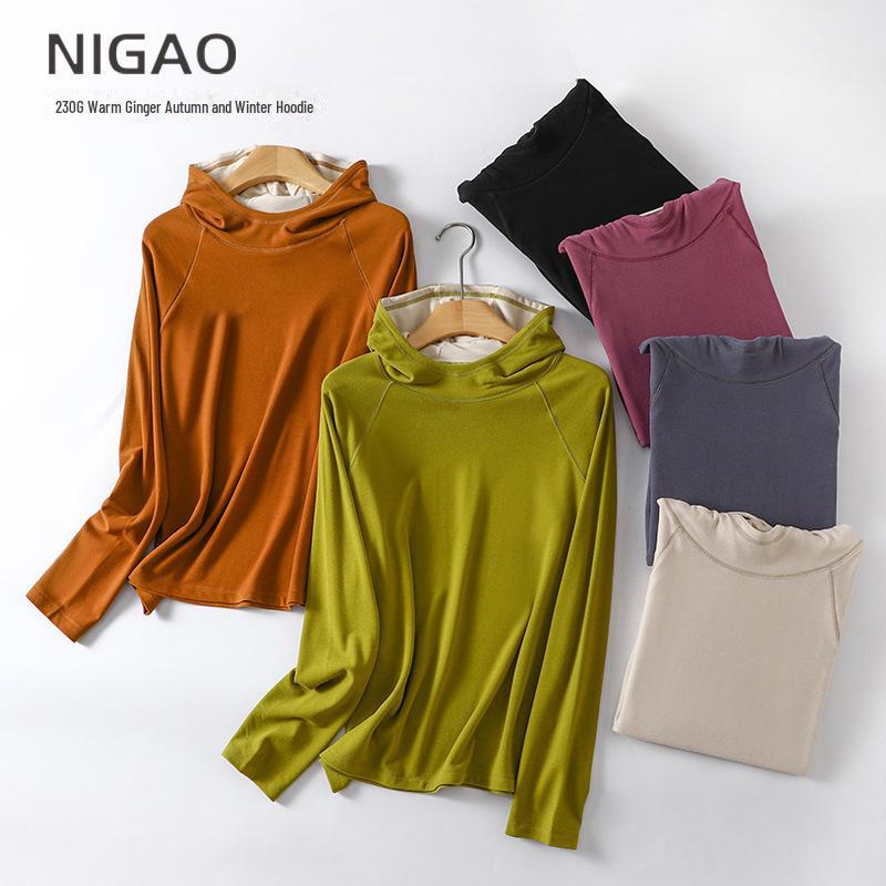 Теплая толстовка с капюшоном из бархата цвета имбиря для женщин - однотонная, можно носить как нижнюю рубашку на весну/осень