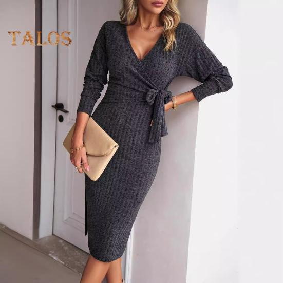 Women Spring Fall Dress Cross V Neck Lace-up Slim Fit Sheath Long Sleeves Knee Length Knitted Slim Fit Elastic Midi Dress Shopping Dating Dress