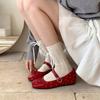 Retro Red Square Head Buckle Mary Jane Shoes New Flat Bottom Shallow Mouth Ballet Shoes with Skirt Casual Shoes