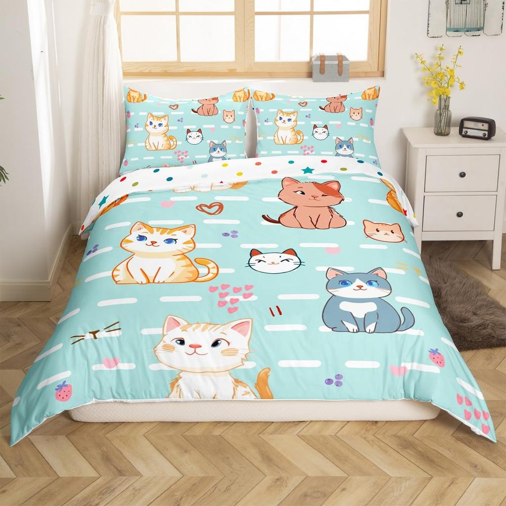 Cartoon Cat Pattern Duvet Cover Queen King Size Soft Bedding Set For Girls Toddlers Teens 3 Piece Set With 2 Pillowcases