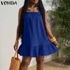 Летнее женское квадратный воротник бретель рукава оборки повседневные плиссированные мини-платье